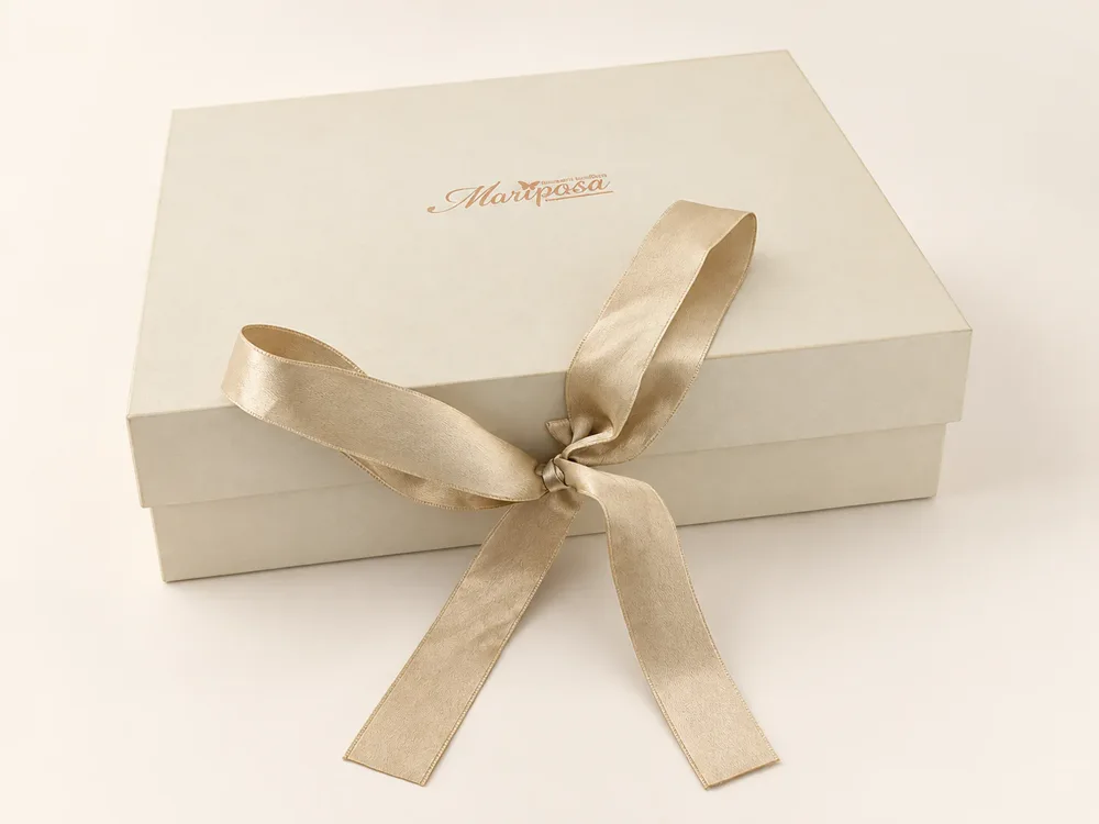 Cream ribbon presentation box — closed view